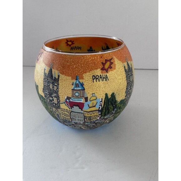 Sicherheitshinweis Hand-Painted Prague Praha Glass Tealight Candle Holder Czech - Picture 2 of 5